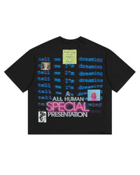 All Human BSOD Tee Black, back view with repeated tell me I'm dreaming text in blue