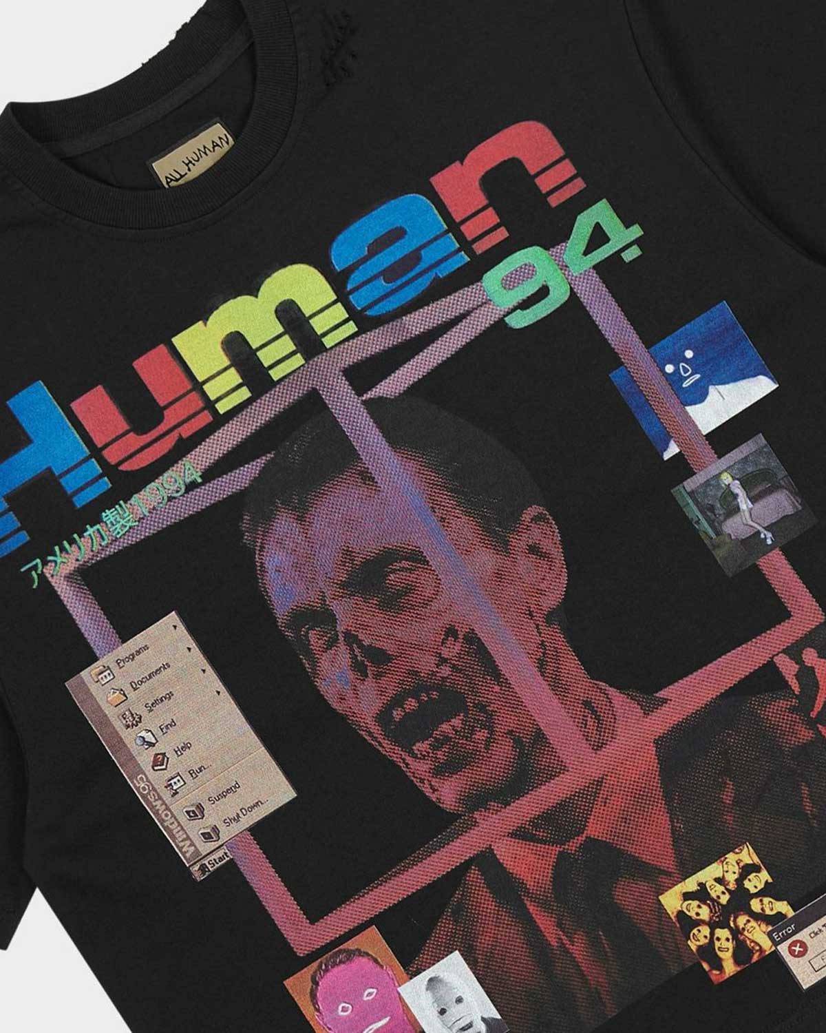All Human BSOD Tee Black, close-up of the glitch print
