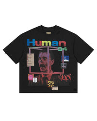 All Human BSOD Tee Black, black tee with a rainbow-glitch Human 94 and desktop-window collage, front view