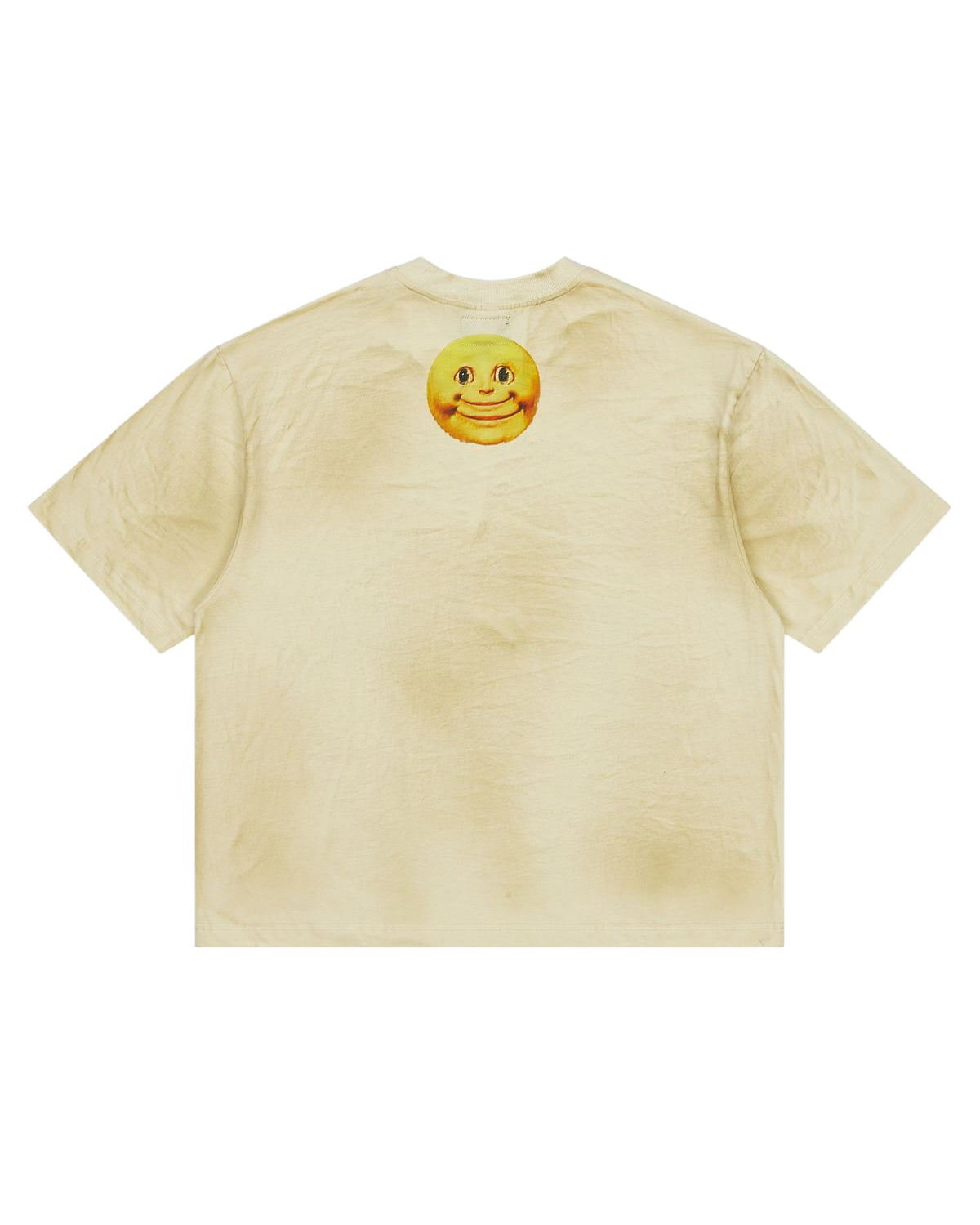 All Human Camp Crystal Tee cream, small round yellow smiley patch at the upper back, back view