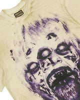 All Human Camp Crystal Tee cream, close-up of the horror face print
