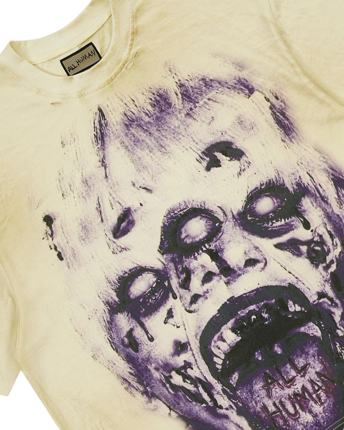 All Human Camp Crystal Tee cream, close-up of the horror face print
