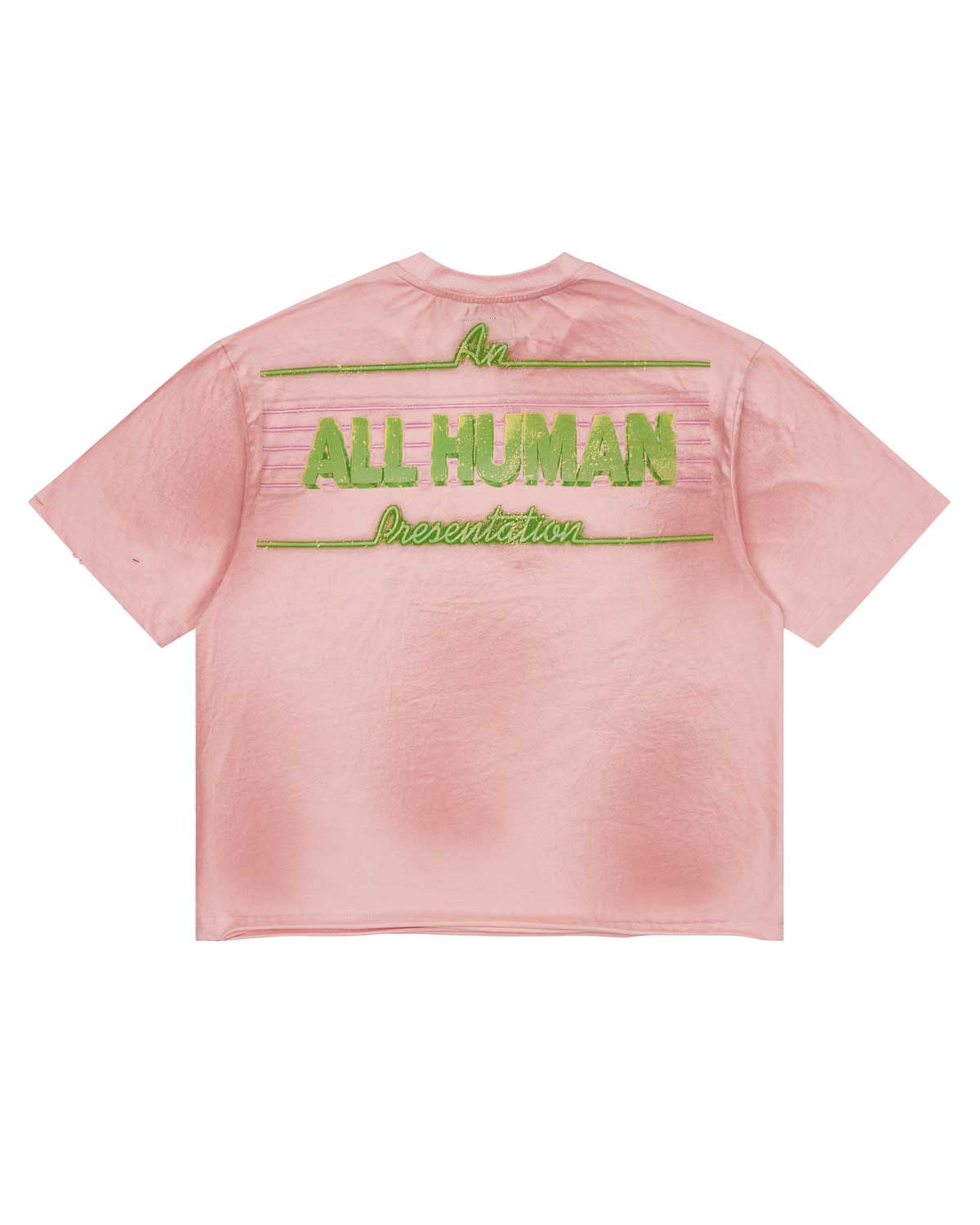 All Human Champagne Room Tee Pink, back view with An ALL HUMAN Presentation in green