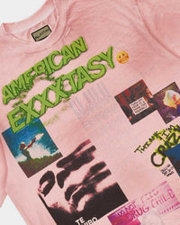 All Human Champagne Room Tee Pink, close-up of the graffiti and collage print