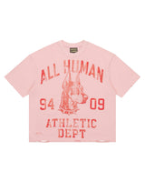 All Human College Dropout Tee pink wash, faded tee with red Doberman athletic dept graphic, front view