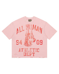 All Human College Dropout Tee pink wash, faded tee with red Doberman athletic dept graphic, front view