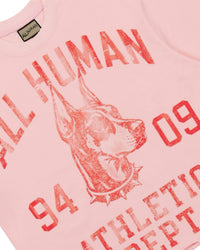 All Human College Dropout Tee pink wash, close-up of the Doberman and 94 09 Athletic Dept print