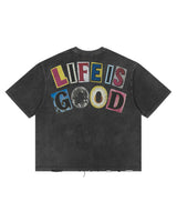 All Human Copy & Paste Tee Black, back view with LIFE IS GOOD in multicoloured cut-out letters
