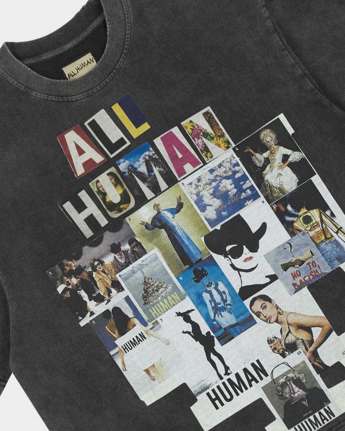 All Human Copy & Paste Tee Black, close-up of the collage print and distressed hem