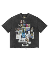All Human Copy & Paste Tee Black, washed black distressed tee with a ransom-letter ALL HUMAN collage, front view