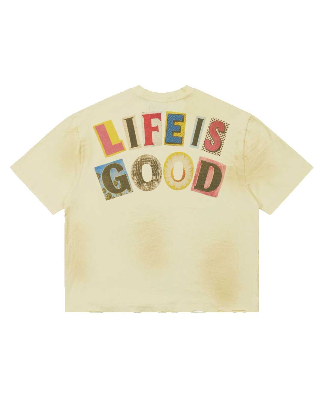 All Human Copy & Paste Tee cream, back view showing LIFE IS GOOD in multicolor cut-out lettering