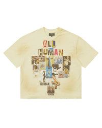 All Human Copy & Paste Tee cream, faded cotton tee with ALL HUMAN in ransom-note cut-out letters over a magazine clipping collage, front view