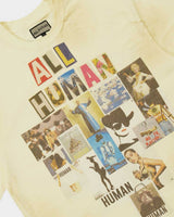 All Human Copy & Paste Tee cream, close-up of the front collage graphic and woven ALL HUMAN neck label
