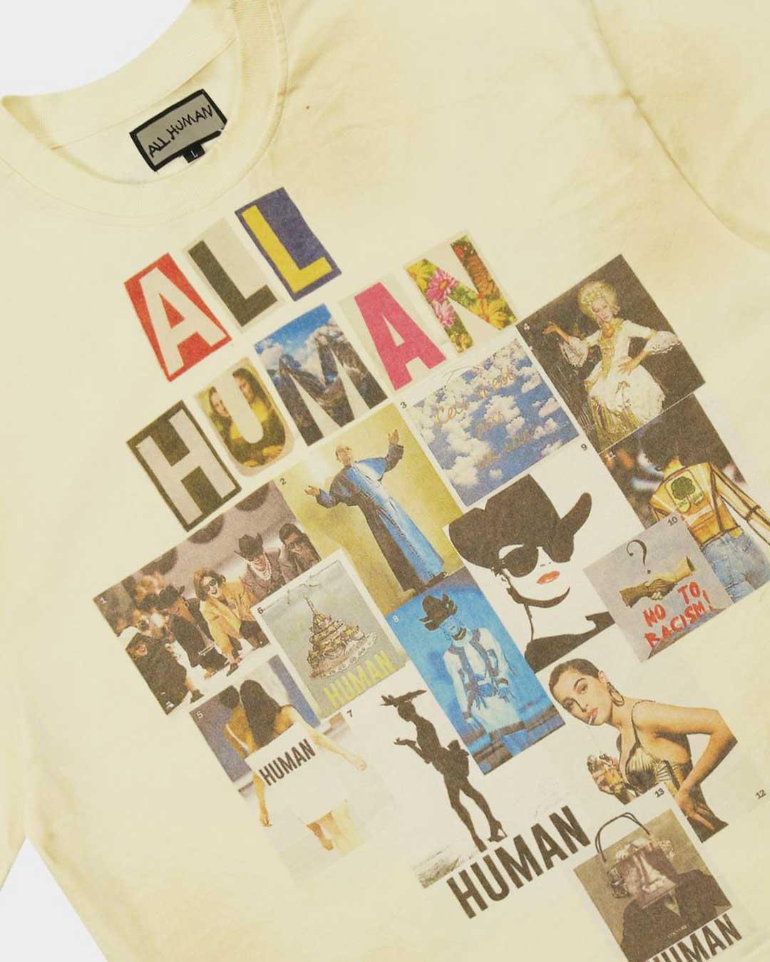 All Human Copy & Paste Tee cream, close-up of the front collage graphic and woven ALL HUMAN neck label