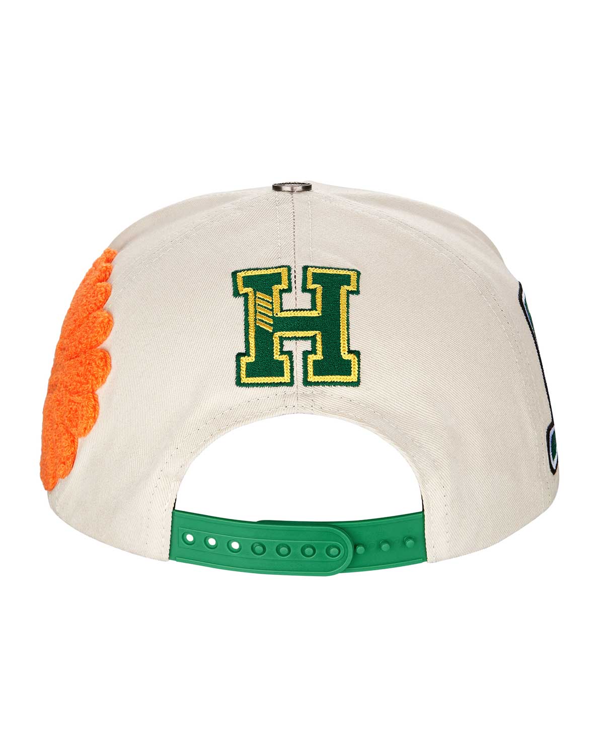 All Human Coronao V2 Trucker Hat Cream/Green, orange mesh back and snapback strap, back view