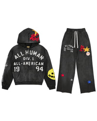 All Human Deli Set V2 Sweatsuit black wash, zip hoodie and sweatpants set with All-American varsity lettering, front view