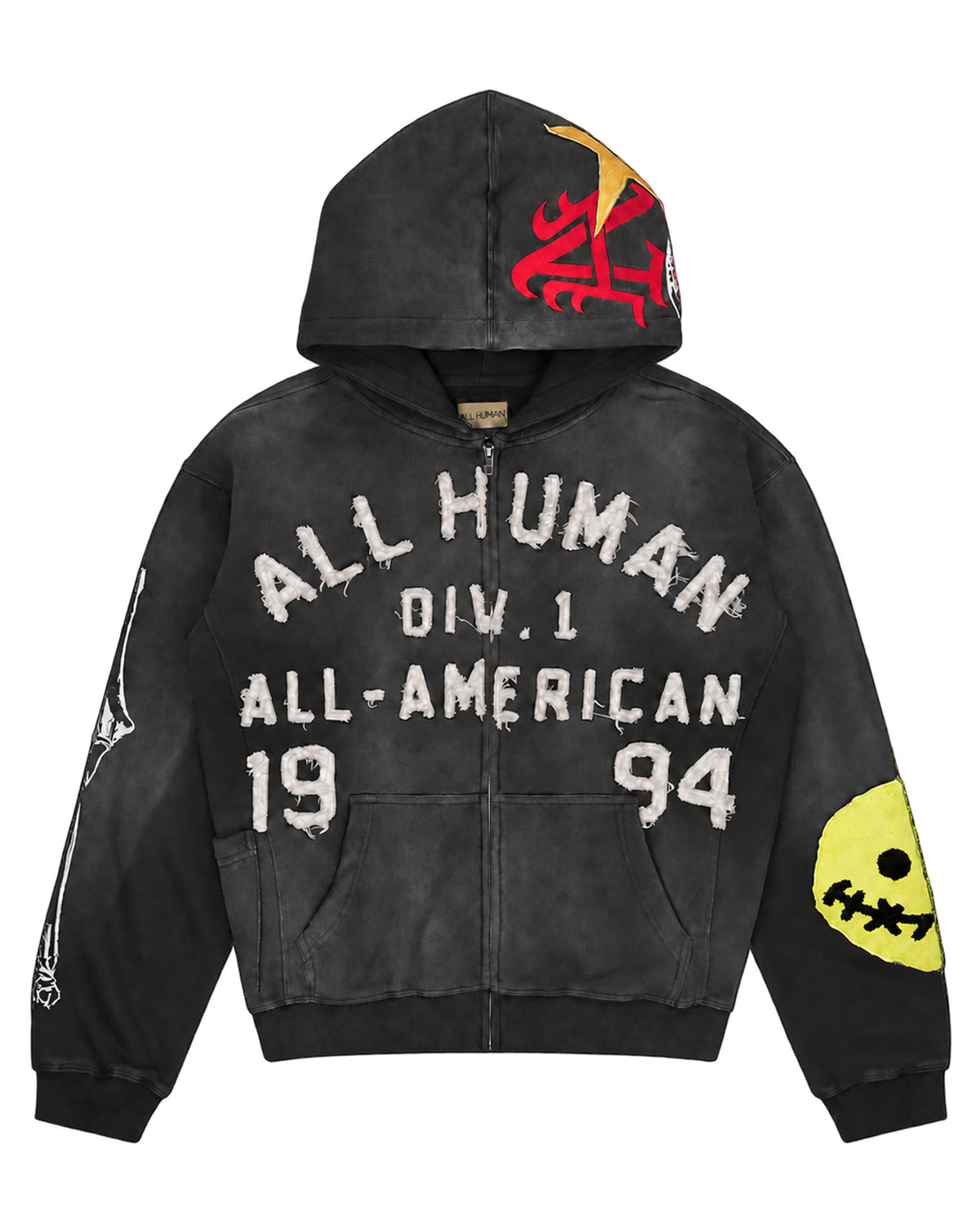 All Human Deli Set V2 Sweatsuit black wash, hoodie front with All Human Div. 1 All-American 1994 lettering