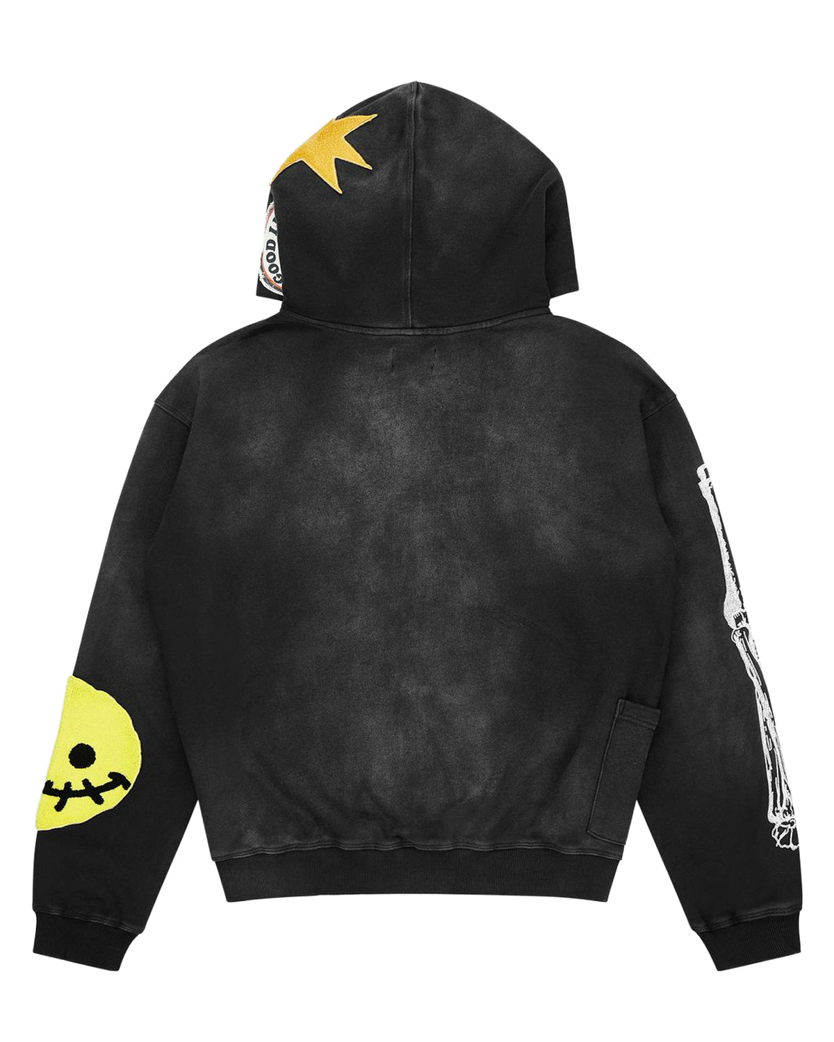 All Human Deli Set V2 Sweatsuit black wash, hoodie back view with star and smiley sleeve patch