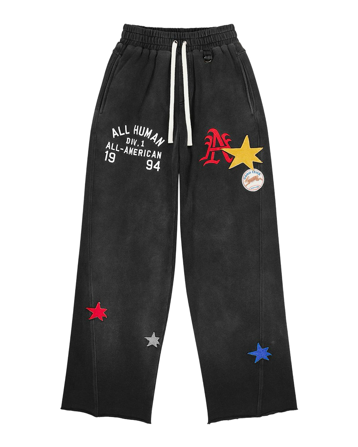 All Human Deli Set V2 Sweatsuit black wash, sweatpants front with lettering and star patches