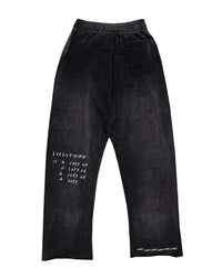 All Human El Cielo Sweatpants black wash, back view showing the EVERYTHING IS A COPY OF A COPY print and LIVE! LIVE! LIVE! hem
