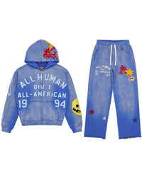 All Human El Perro Set V2 Sweatsuit blue wash, zip hoodie and sweatpants set with All-American varsity lettering, front view