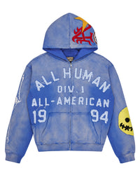 All Human El Perro Set V2 Sweatsuit blue wash, hoodie front with All Human Div. 1 All-American 1994 lettering