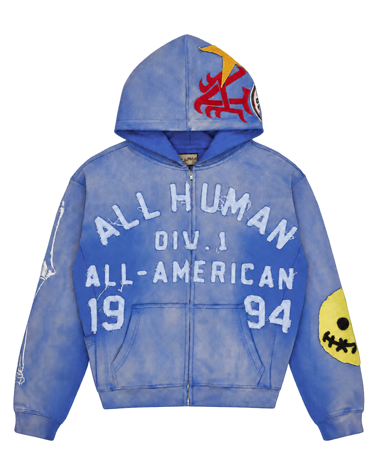 All Human El Perro Set V2 Sweatsuit blue wash, hoodie front with All Human Div. 1 All-American 1994 lettering