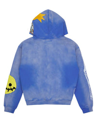 All Human El Perro Set V2 Sweatsuit blue wash, hoodie back view with smiley sleeve patch