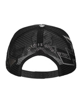 All Human Ghost V2 Trucker Hat Black, mesh back with LIFE IS GOOD arch and snapback strap, back view