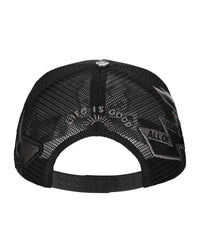 All Human Ghost V2 Trucker Hat Black, mesh back with LIFE IS GOOD arch and snapback strap, back view