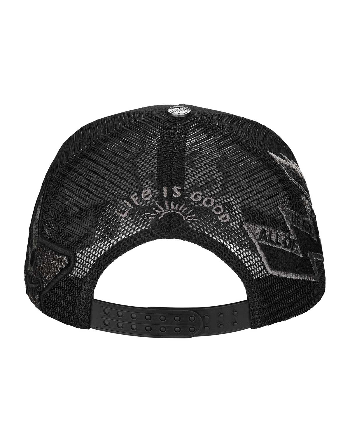 All Human Ghost V2 Trucker Hat Black, mesh back with LIFE IS GOOD arch and snapback strap, back view