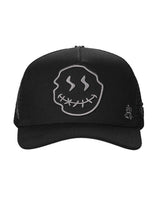All Human Ghost V2 Trucker Hat Black, blacked-out mesh trucker with a tonal grey stitched-mouth smiley, front view