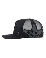 All Human Ghost V2 Trucker Hat Black, close-up of the star-face patch on the mesh side panel
