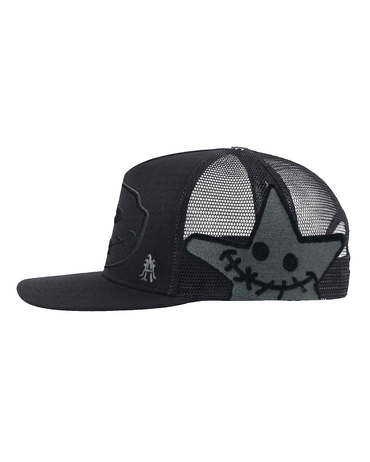 All Human Ghost V2 Trucker Hat Black, close-up of the star-face patch on the mesh side panel