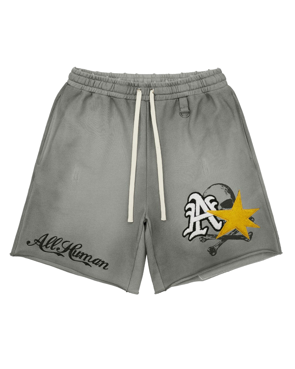 All Human Ghost V3 Shorts grey, faded sweat shorts with an old-English A, gold star and planet graphic, front view