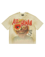All Human Golden Years Tee cream, boxy cotton tee with red horror-film ALL HUMAN lettering over a decayed zombie face, front view