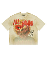 All Human Golden Years Tee cream, boxy cotton tee with red horror-film ALL HUMAN lettering over a decayed zombie face, front view