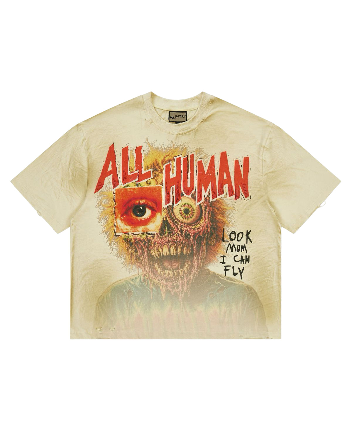 All Human Golden Years Tee cream, boxy cotton tee with red horror-film ALL HUMAN lettering over a decayed zombie face, front view