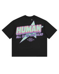 All Human Hereditary Tee Black, back view with HUMAN ALL OF US ARE DEAD over a mint star