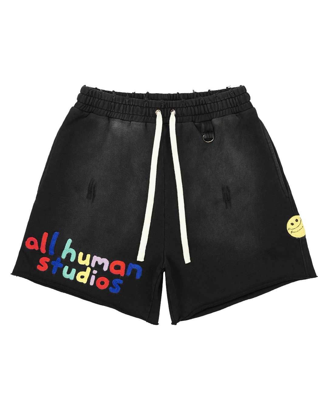 All Human Honey Moon Shorts V2 black, washed sweat shorts with multicolour puff all human studios lettering, front view