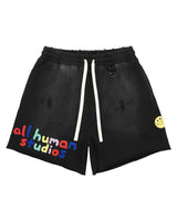All Human Honey Moon Shorts V2 black, washed sweat shorts with multicolour puff all human studios lettering, front view