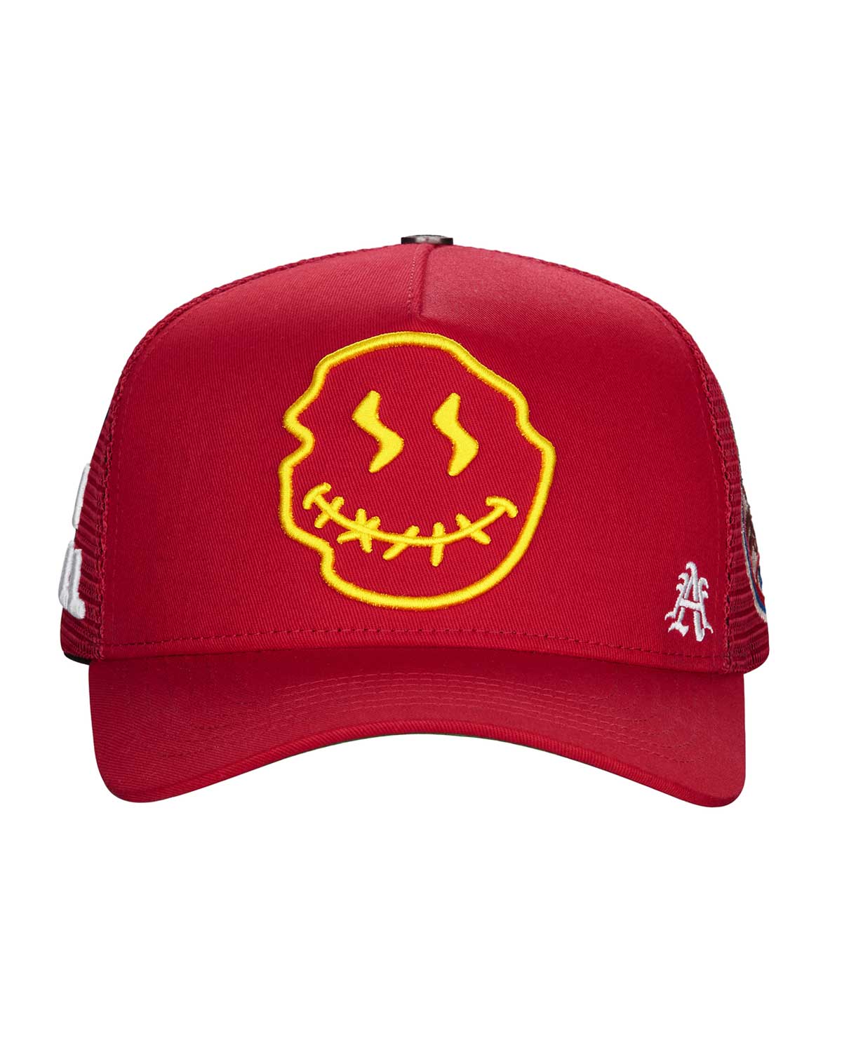 All Human Human After All V2 Trucker Hat Red, red mesh trucker with a large yellow stitched-mouth smiley, front view