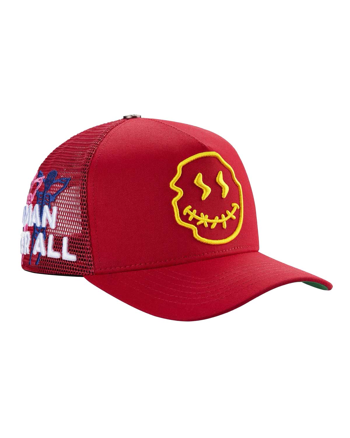 All Human Human After All V2 Trucker Hat Red, side view of the red trucker cap