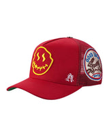 All Human Human After All V2 Trucker Hat Red, angled side view of the red trucker cap