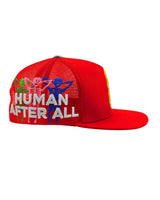 All Human Human After All V2 Trucker Hat Red, close-up of the opposite embroidered side panel