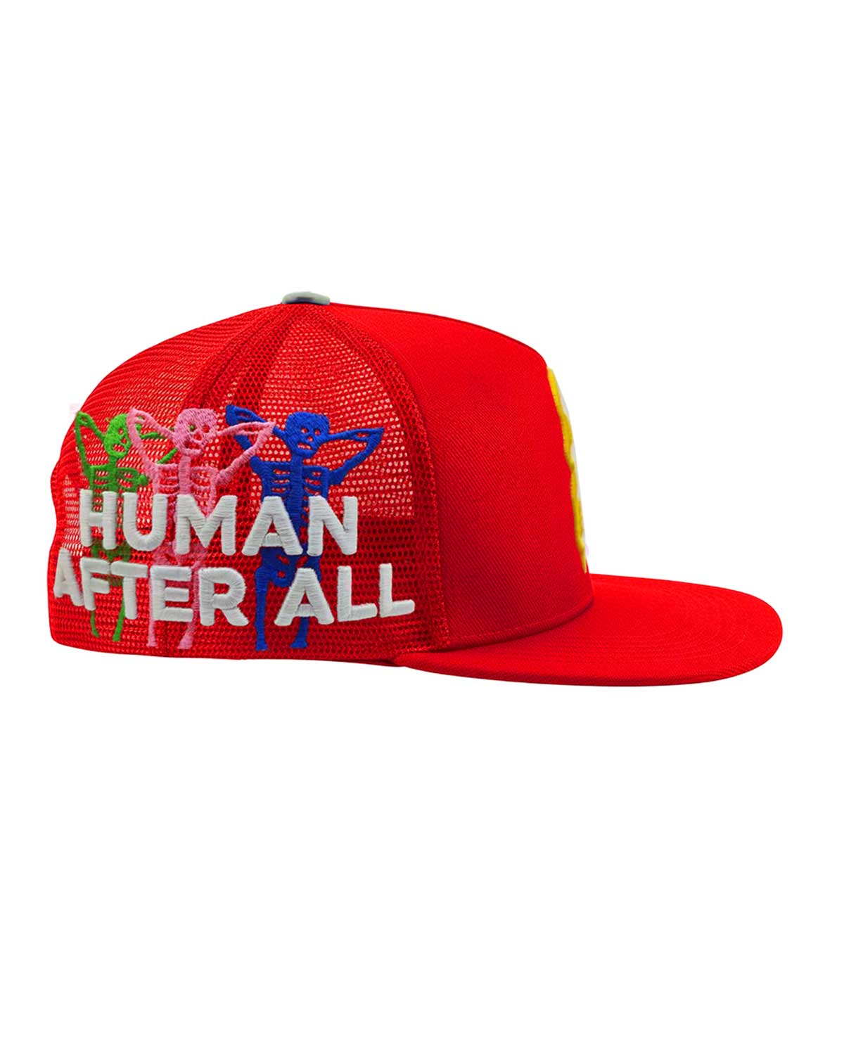 All Human Human After All V2 Trucker Hat Red, close-up of the opposite embroidered side panel