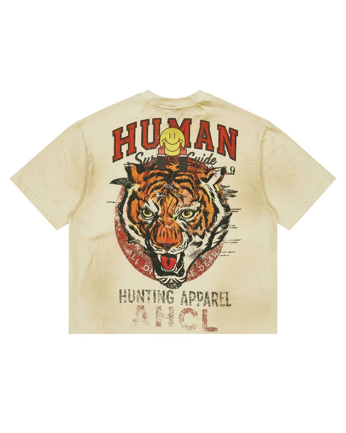 All Human I'm Gone Tee Cream, back view with a tiger-head crest and HUNTING APPAREL lettering