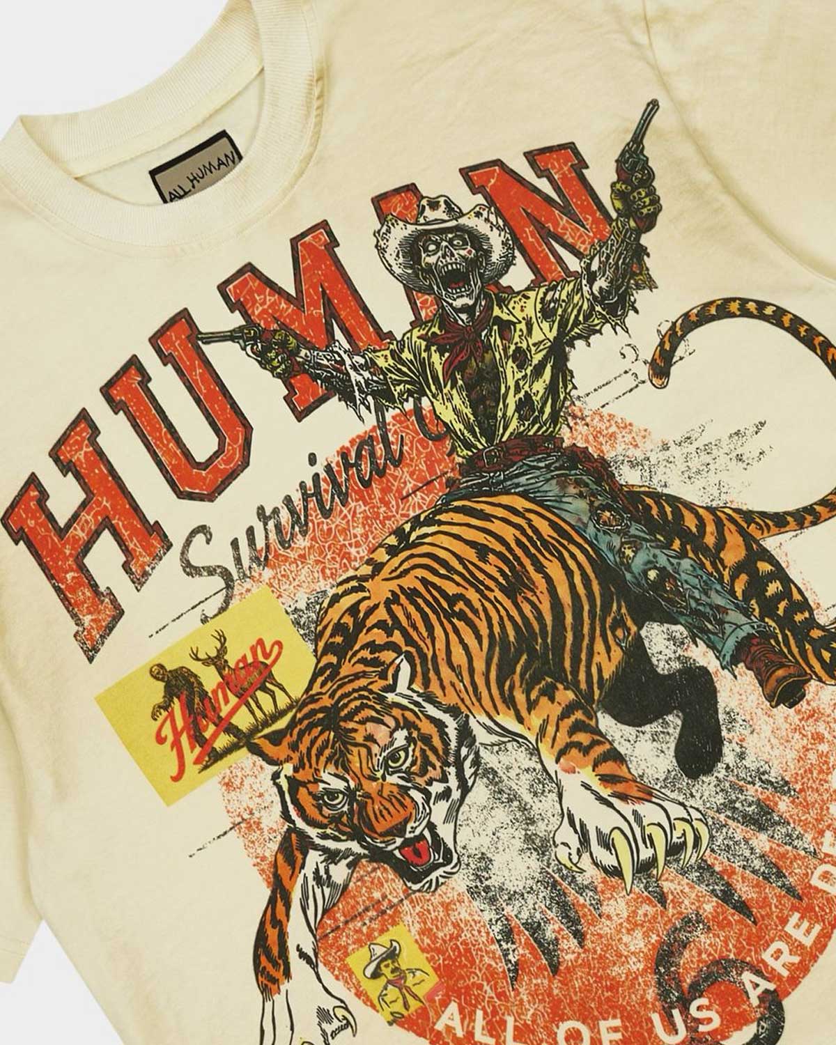 All Human I'm Gone Tee Cream, close-up of the tiger print