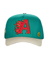 All Human Kilos V2 Trucker Hat Green/White, teal green trucker with a cream brim and red flaming A applique, front view