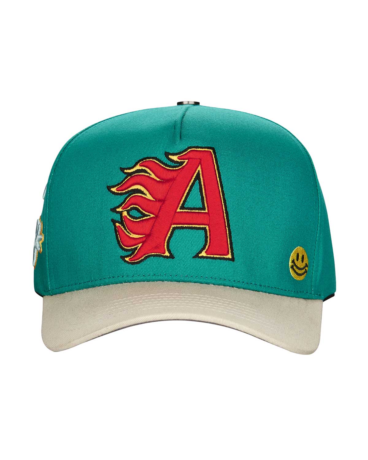 All Human Kilos V2 Trucker Hat Green/White, teal green trucker with a cream brim and red flaming A applique, front view